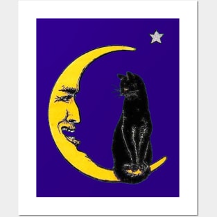 Black Cat On Crescent Moon Posters and Art